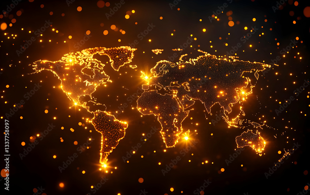 Poster an illuminated world map showcasing connectivity through glowing lines and vibrant particles, symbol
