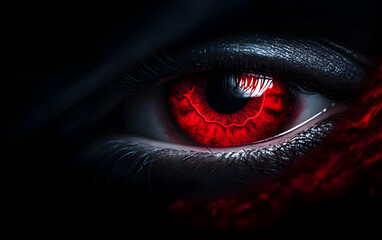 An intense close-up of an eye with a striking red iris, conveying emotion and mystery in a dark setting.
