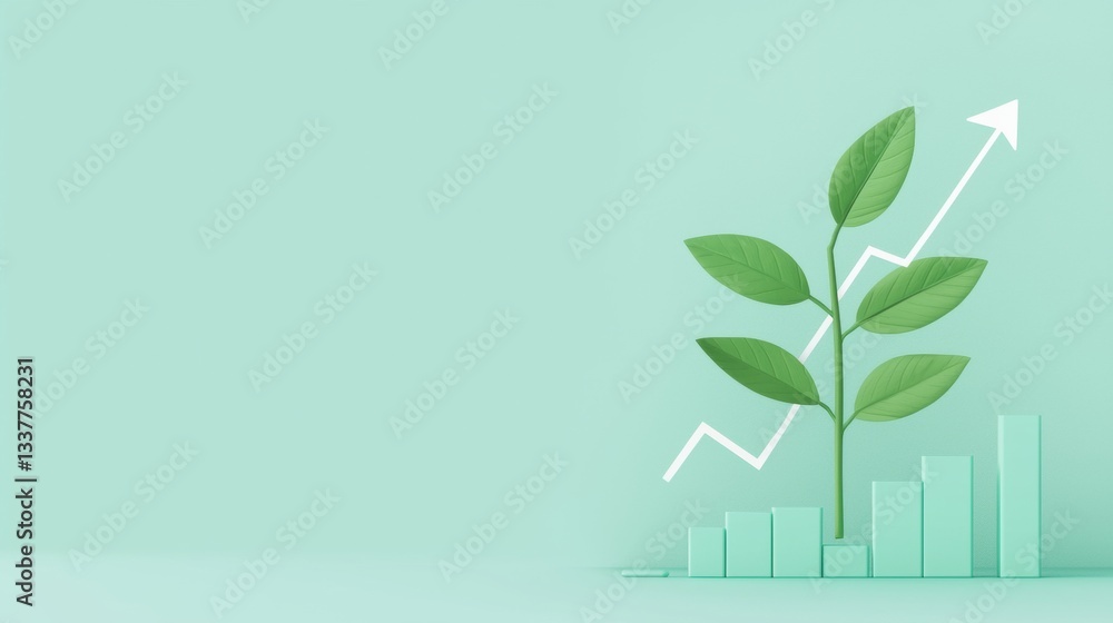 Poster marketing graph with upward arrow a conceptual image of a growing plant superimposed on a graph with