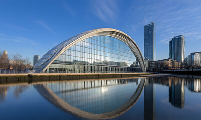 Fototapeta premium Modern architectural marvel with curved glass facade reflecting in calm waters, surrounded by urban skyline