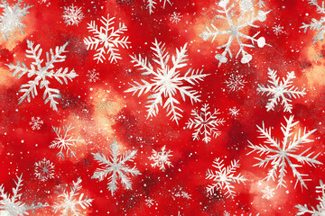 Silver Glitter Snowflakes on Red Watercolor Background: Festive Winter Design for Holiday Cards