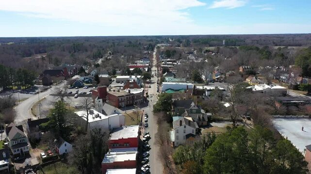 Aerial View of Main Street in Smithfield Virginia With Shops and Businesses