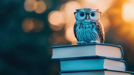 wisdom Owl An owl perched on a stack of books with eyeglasses resting on top, symbolizing academic learning, studiousness, and the pursuit of knowledge.