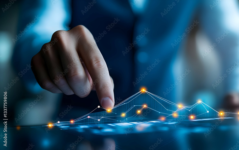 Poster a business professional's hand interacts with digital graphs, symbolizing technology and data analys