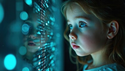 Little girl with digital code overlay looks at screen. Cyberspace future tech AI education, cybersecurity, data, programming. Kid watches software. Face of human in virtual reality, global network.