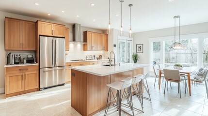 Bright, modern kitchen with large island and dining area.  Spacious and well-lit, featuring light-colored cabinets, stainless steel appliances, and a large, airy feel