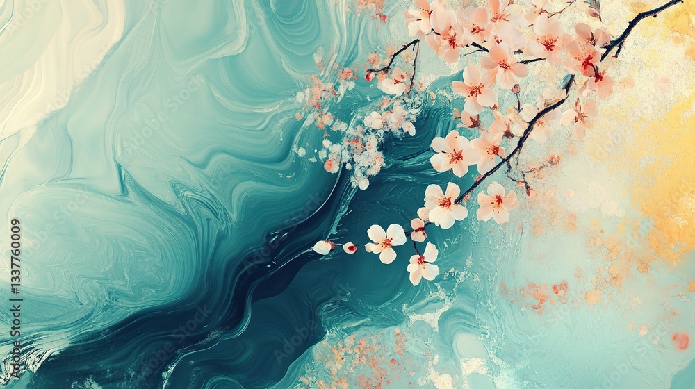 Poster abstract dynamic composition featuring soft floral elements and colors