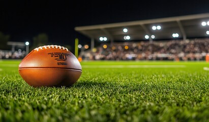 American football on a field with stadium lights at night.