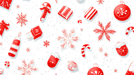 Red Christmas Decorations: Ornaments, Candy Canes, and Gifts on White Background