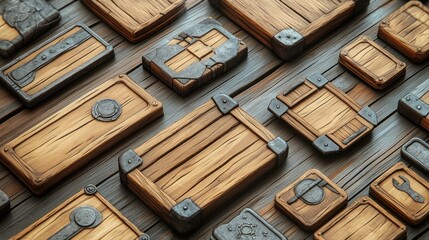 Wooden crates and planks on a dark wood background. Graphic design elements. Possible use Game asset or graphic design reference