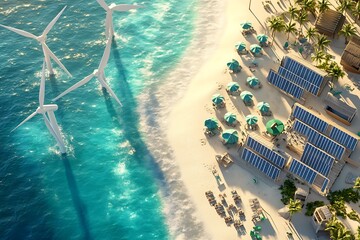 Tropical island resort powered by wind and solar energy. Aerial view