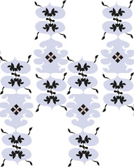 Delicate lilac shapes and black stylized leaves in the style of Old Russian patterns.