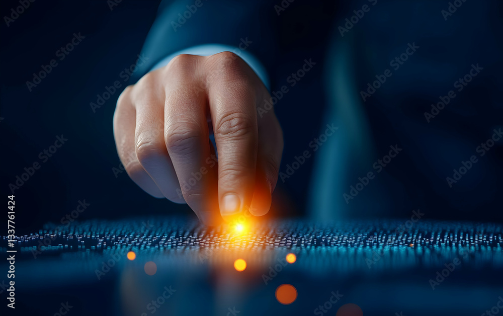 Poster a close-up of a hand interacting with a digital interface, illustrating innovation and modern techno