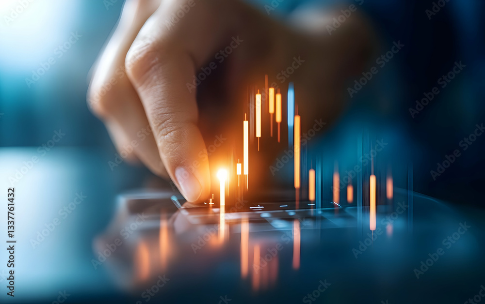 Poster a close-up of a hand interacting with a digital interface displaying rising graph trends, symbolizin
