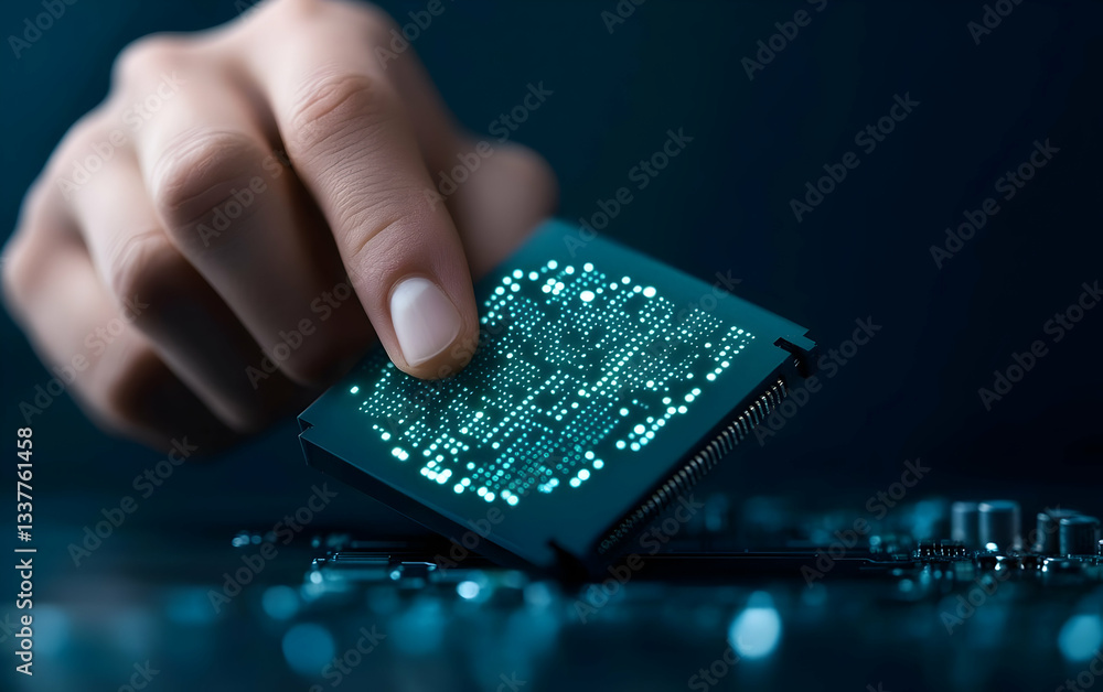 Poster a close-up of a hand lifting a microchip from a circuit board, showcasing the intricate details of m