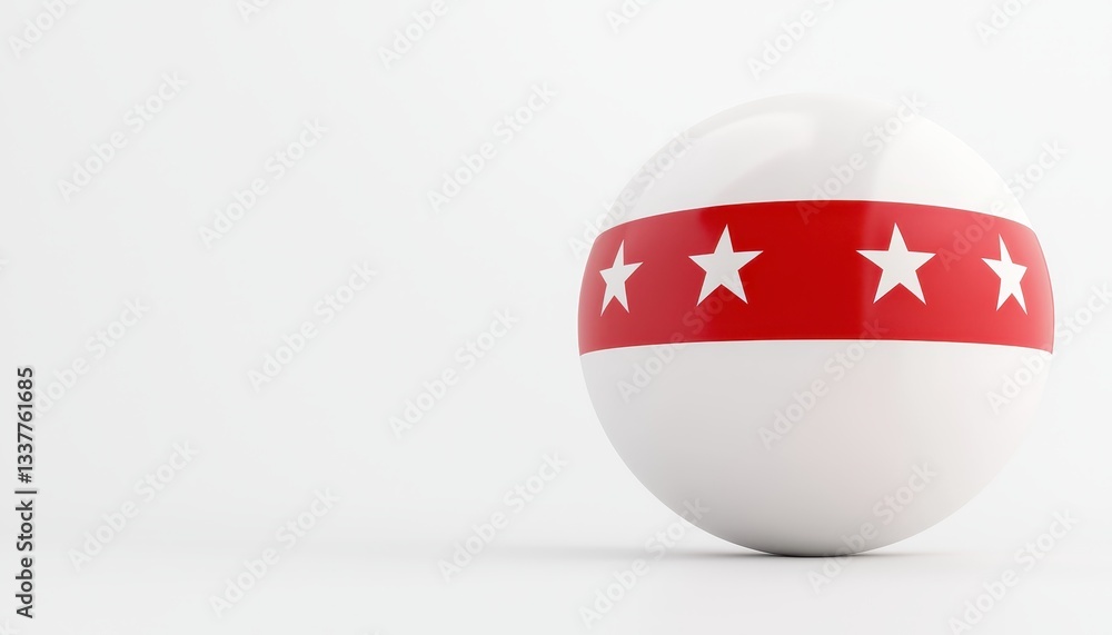 Poster a 3d rendered sphere featuring a red and white star design on a minimalistic background.
