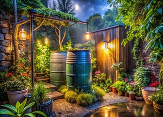Obraz premium Night Rainwater Harvesting System in Lush Garden: Sustainable Water Management