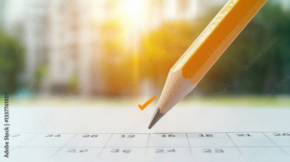 Poster pencil with checkmark a pencil pointing to a checkmark on a calendar, marking a completed event or d