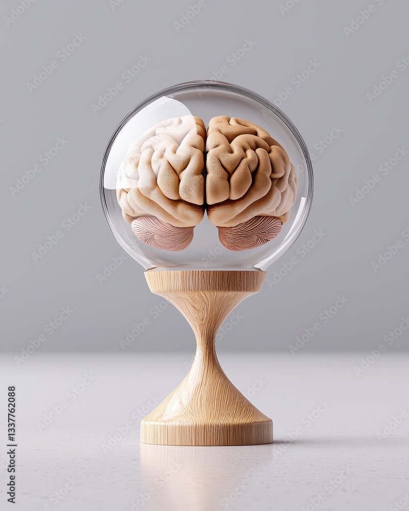 Poster a brain model displayed under glass, symbolizing knowledge and cognitive understanding.