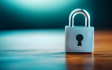 Fototapeta premium A close-up of a silver padlock on a wooden table, symbolizing security and protection in business environments.