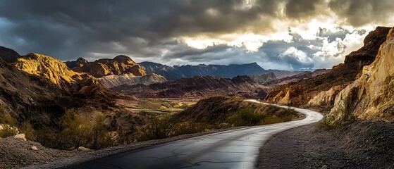 Naklejka premium A winding road cutting through a stark and arid desert landscape framed by towering rugged mountains and dramatic clouds above