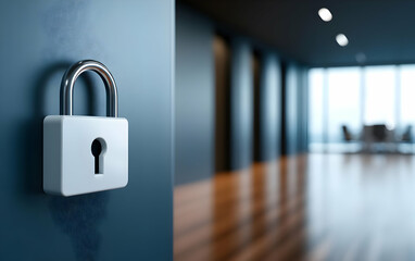 A close-up of a white padlock on a blue wall, symbolizing security, privacy, and protection in a modern office environment.