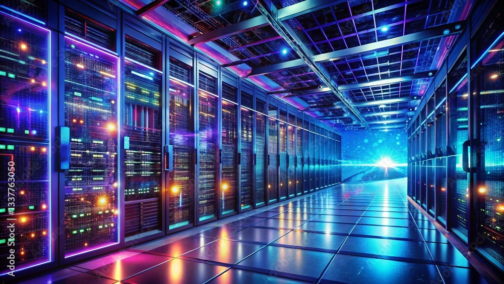 Poster night view of server room: data management, version control, and web hosting