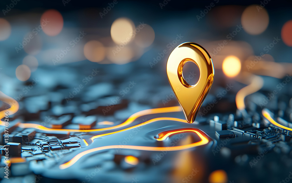 Poster a close-up view of a golden location pin on a digital map, symbolizing navigation and modern technol