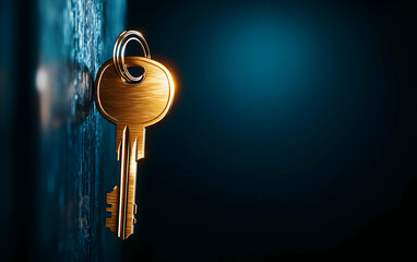A close-up view of a golden key hanging against a dark textured background, symbolizing security, access, and discovery.