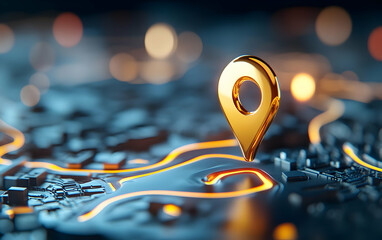A close-up view of a golden location pin on a digital map, symbolizing navigation and modern technology.