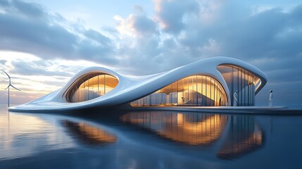 futuristic offshore wind farm production facility