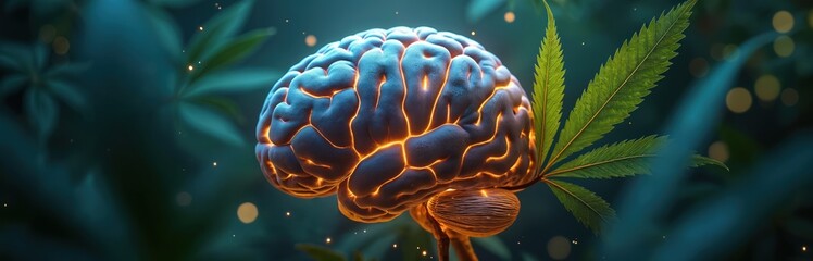3D render of brain with illuminated neural pathways, cannabis leaf cognitive enhancement. Concept for neuroscience, memory improvement, medical applications of cannabis for brain function support,