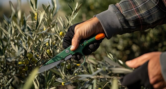 Person harvesting olives with pruning shears in an orchard.