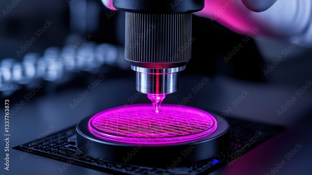 Poster a close-up of a microscope with colored light examining a sample in a laboratory.