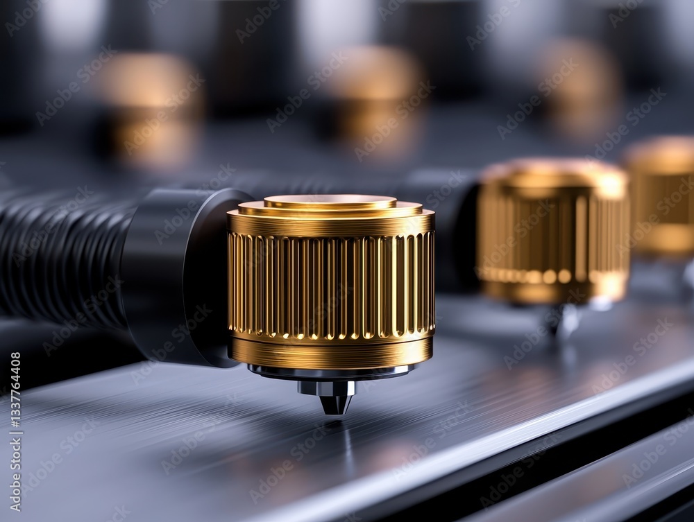 Poster a close-up view of golden mechanical components highlighting precision engineering.