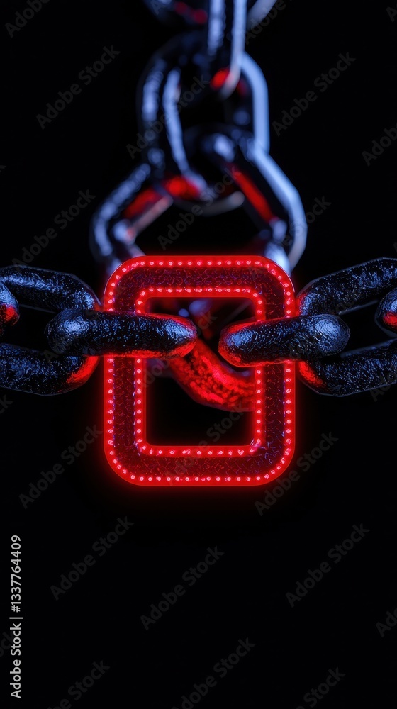 Poster a close-up view of high-tech chains illuminated by red lights against a dark background.