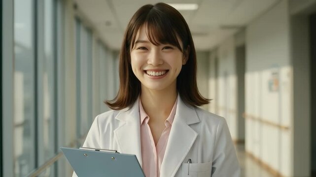 Smiling Asian Female Doctor Holding Clipboard in Hospital Corridor