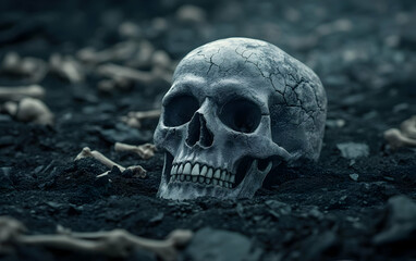 A cracked skull resting among bones evokes themes of mortality and ancient history in a haunting, atmospheric setting.
