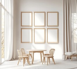 Fototapeta premium Minimalist Interior with Empty Frames on White Wall and Wooden Furniture