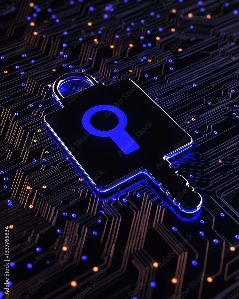 Poster a digital lock symbol on a circuit board, representing cybersecurity and data protection.