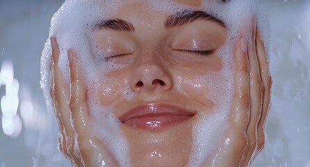 A beautiful woman washes her face with soap, smiling and looking at the camera against a white background.