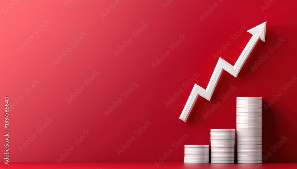 Poster a dynamic graph showing upward trends with stacks of coins on a red background.