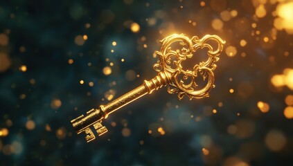 Golden ornate key surrounded by vibrant bokeh lights.