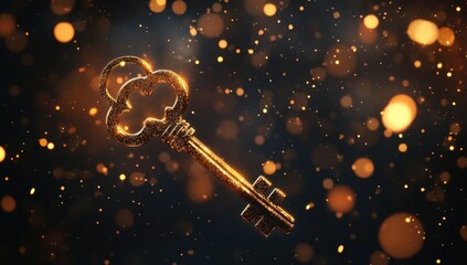 Golden vintage key floating amidst sparkling bokeh lights.