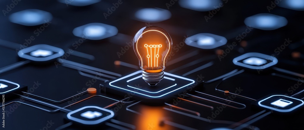 Poster a glowing light bulb atop a network of interconnected digital nodes and icons.