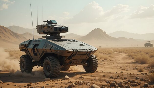 An unmanned combat vehicle patrols a deserted battlefield with AI-driven surveillance, showcasing futuristic military technology and autonomous warfare capabilities.