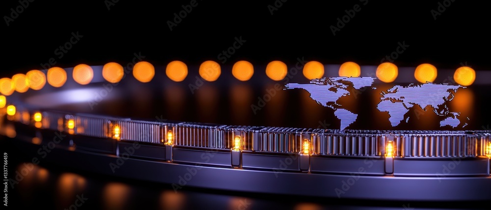 Poster a glowing world map surrounded by circular lights on a dark background.