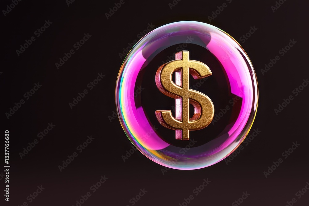 Poster a golden dollar sign encapsulated in a colorful bubble symbolizing finance.
