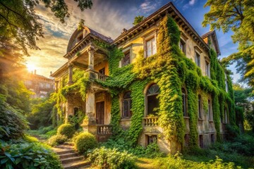 Fototapeta premium Overgrown Vintage Mansion Macro Photography: Soft Sunlight on Decaying Grandeur