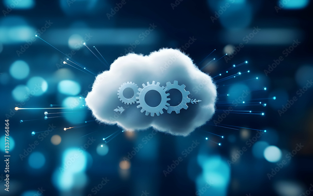 Poster a digital cloud featuring gears, symbolizing cloud computing and innovation in technology.